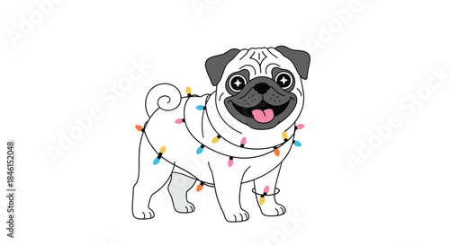 Cheerful cartoon pug dog with big excited eyes, happily wrapped in a string of colorful festive christmas holiday lights.
