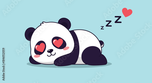 Adorable cartoon panda bear sleeping with heart-shaped eyes while dreaming of love, on a soft light blue color background.