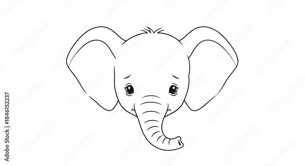 Fototapeta premium Sad and gentle line art sketch of a cute baby elephant's face with large, expressive, tearful eyes on a white background.