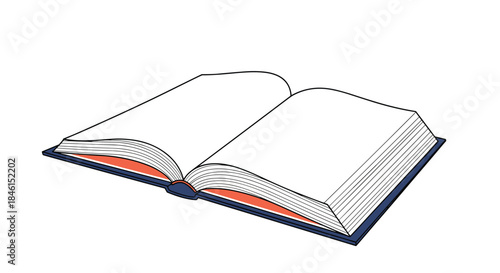 Classic illustration of a thick, open book with blank pages, showcasing a blue hardcover and red spine detail on white background.