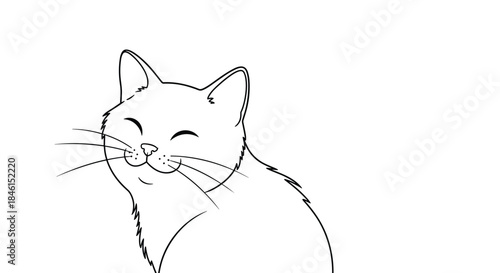 Charming and simple black and white line art drawing of a happy, contented cat's face with a gentle, satisfied smile.