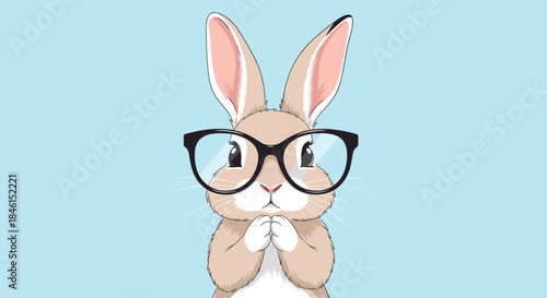 Cute and smart-looking cartoon bunny wearing large black-framed glasses, with a curious expression on a blue background.