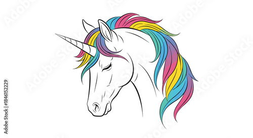 Beautiful illustration of a unicorn head in profile with its eyes closed, featuring a vibrant, multicolored rainbow mane.