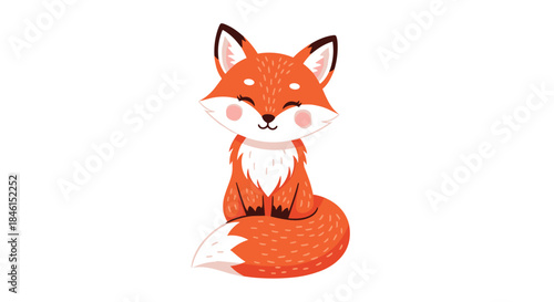 Adorable cartoon red fox sitting with a happy and content smile, featuring a fluffy white chest and tail tip illustration.
