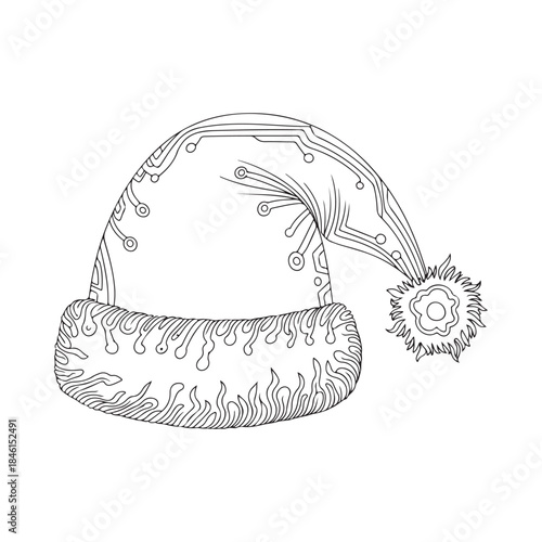 A line art illustration of a santa hat featuring circuit board patterns for a techy christmas look