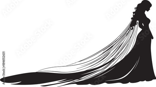 Futuristic vector illustration of a woman with wings silhouette against a blue dynamic wave backdrop