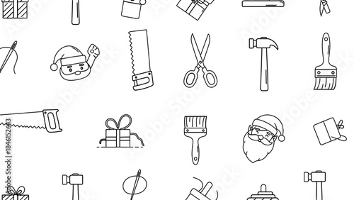 Festive Toolkit Icons: A delightful array of line art illustrations, featuring a playful Santa Claus, various gift boxes, and essential hand tools.