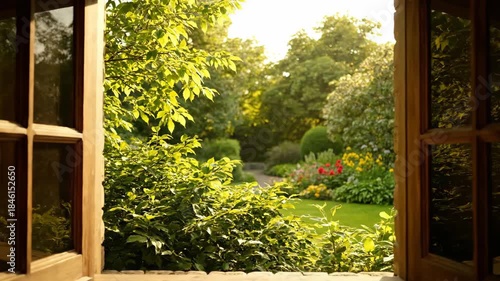 Open window overlooking garden, foliage and flowers outside, light coming in