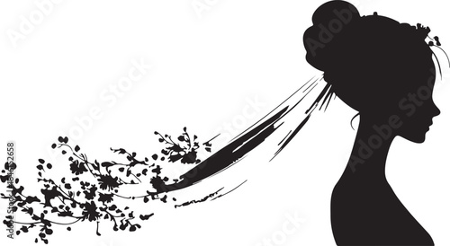 Fashionable black vector silhouette of a woman with wings, featuring floral hair, for a beautiful illustration design