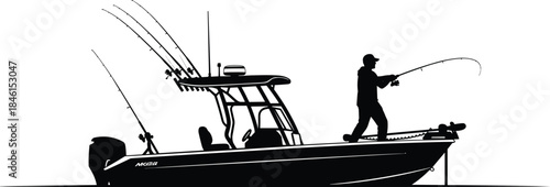 Silhouette fisherman on motor boat casting fishing rod, offshore angling scene with multiple rods, recreational fishing adventure vector illustration for outdoor sports design