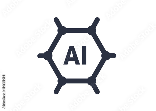 6つの炭素原子が正六角形に並び、結合を表すベンゼン環とAIが関わるアイコン。有機化学とAI。An icon featuring six carbon atoms arranged in a regular hexagon, a benzene ring representing a bond, and AI. Organic chemistry and AI.