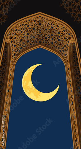 A golden crescent moon shines against a deep blue night sky, framed by an ornate Islamic archway, evoking spiritual reflection, peace, and celebration.