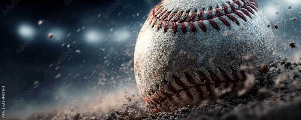 Obraz premium Baseball ball dirt closeup with red stitching in motion on field with blurred background and flying dust particles