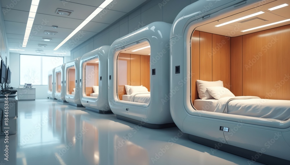 Obraz premium Futuristic hospital corridor with modular treatment pods. Private patient rooms offer comfort and advanced medical care. Clean, sterile environment with beds and technology.