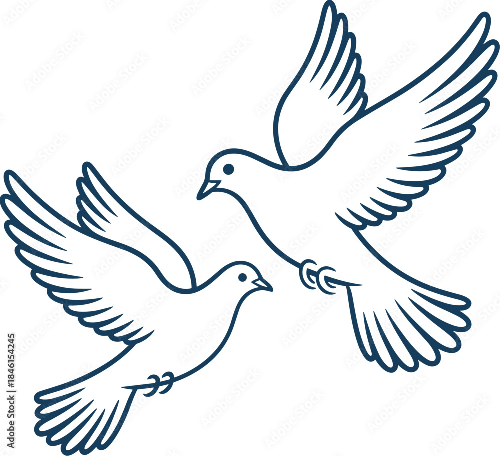 Fototapeta premium Two flying doves with dark blue outlines bird wings