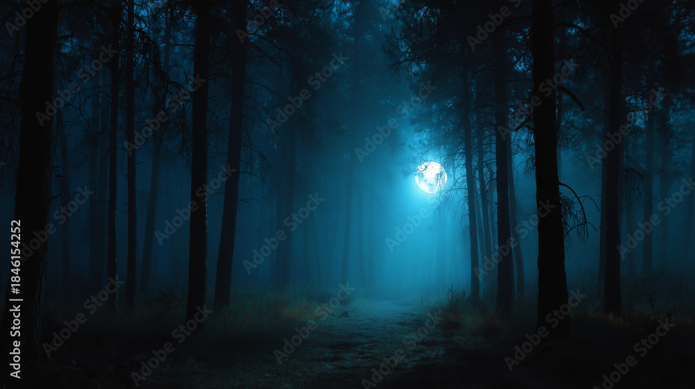 Fototapeta premium Dark misty forest at night with tall trees fading into dense fog, creating a mysterious and atmospheric woodland scene.