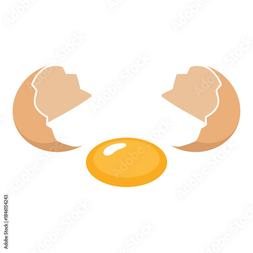 A simple vector illustration showing a cracked brown eggshell with a separate bright yellow yolk illustration