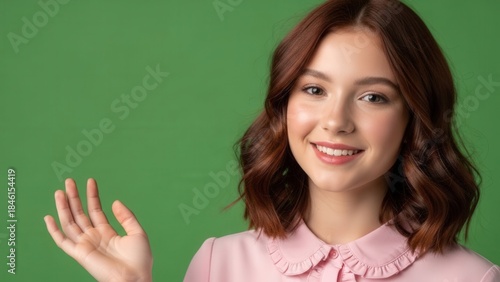 Charming young woman with shoulder-length auburn hair and a friendly smile posing against a