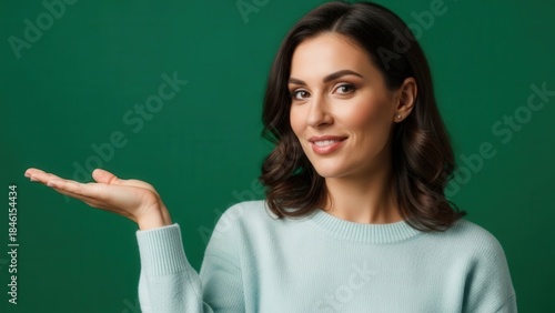 Charming young woman with shoulder-length dark hair smiling confidently against a vibrant green