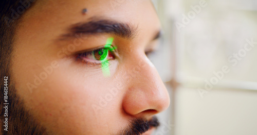 Obraz na płótnie Eye exam, laser and optometry with man in clinic for assessment, consulting or visual correction