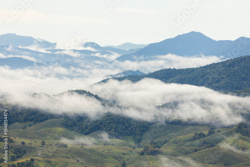 Landscape of Morning Mist with Mountain Layer. mountain ridge and clouds in rural jungle bush forest