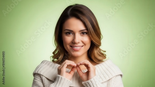 Charming young woman with warm smile forming heart gesture against vibrant green background
