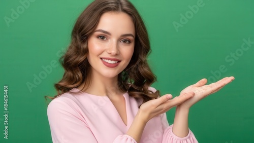 Charming young woman with wavy brown hair and warm smile gesturing towards something on a green