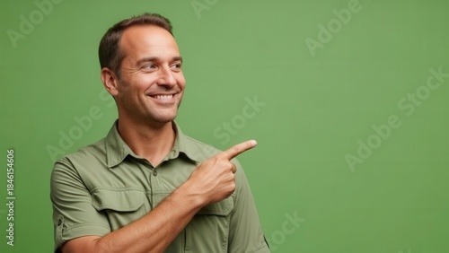 Cheerful middle-aged man smiling and pointing to his right against a plain green background