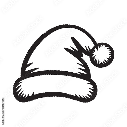 Hand drawn style black and white illustration of a festive santa hat with pom pom