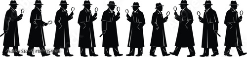 Detective Silhouette Set Walking and Investigating with Magnifying Glass Isolated on Transparent Background