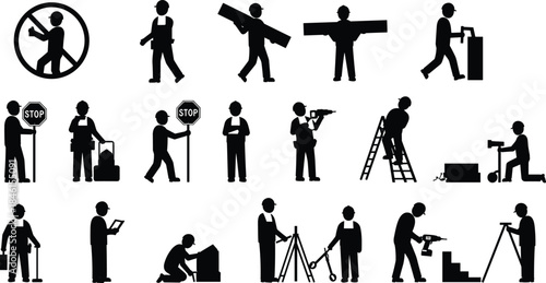 Silhouette illustration of construction workers performing various building and engineering activities, teamwork, safety, and industrial labor concept, isolated vector design