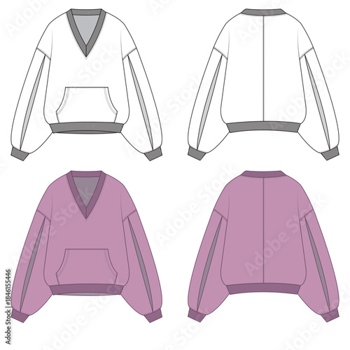 Women’s Pleated Oversized Sweatshirt — Technical Flat Drawing with Kangaroo Pocket Detail and Complete CAD Template
