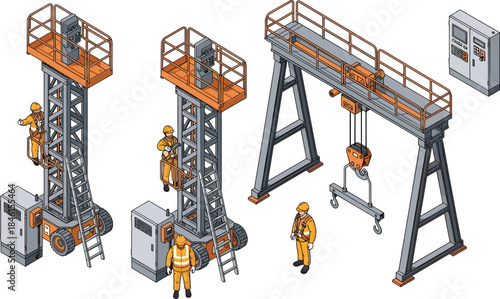 Isometric illustration of industrial overhead and gantry cranes with workers, safety equipment, and heavy lifting machinery operations concept
