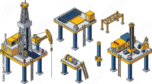 Isometric illustration of offshore oil rig platforms with drilling equipment, industrial machinery, and energy infrastructure for petroleum industry concept
