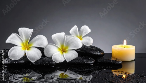tiare flowers, candle and black stone spa