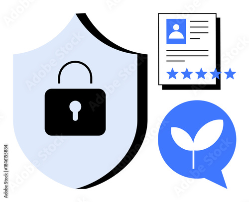 Shield with lock for cybersecurity, ID verification document with ratings for trust, and sprout symbol for sustainability. Ideal for security, authentication, trust, transparency, digital identity