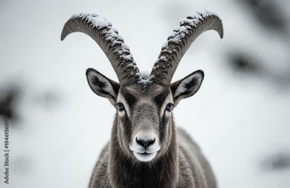 Obraz premium ibex with snowy horns looks forward. Male goat stands in winter snow covered mountain landscape. Wild animal in natural habitat shows its strength.