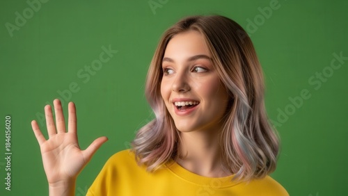 Cheerful young woman with pastel-colored hair smiling and waving against a green background