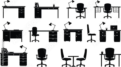 Silhouette illustration of modern office desks and chairs with lamps and laptops, business workspace furniture collection, professional interior equipment vector design
