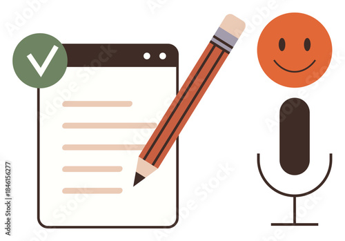 Checklist with a green check mark, pencil, microphone, and smiling face. Ideal for productivity, communication, creativity, learning teamwork online interaction personal growth. Simple flat