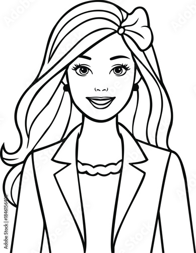 This delightful coloring page features a stylish fashion doll with long, flowing hair and a cheerful smile. Dressed in a trendy outfit, complete with a bow, this illustration invites creativity and im