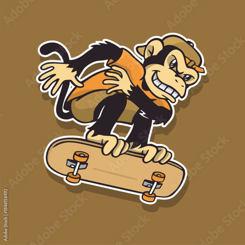 Illustration of a skateboarding monkey in cartoon style.
