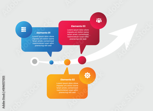 Arrow base infographic with gradient style with long smooth arrow curve top direction with callout box discussion with 3 elements stages