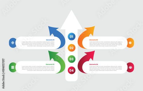 Arrow base infographic with gradient style with big arrow top direction with smooth curve arrow on rectangle box with 4 elements stages
