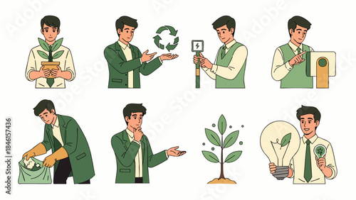 Man Engaged in Eco-Friendly Activities: Recycling, Planting, and Energy Saving Concepts