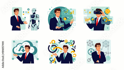 Wallpaper Mural Businessman Engaging with Advanced Technology and Digital Concepts: AI, VR, Cloud Computing, Data Analysis, and Strategic Innovation Illustrations Torontodigital.ca