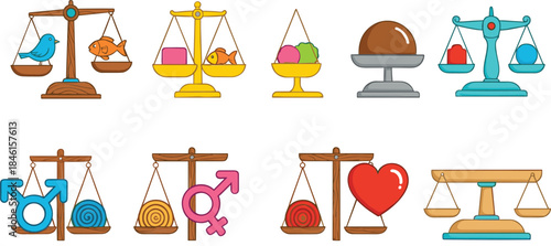 Balance Scale Concept Icon Set Showing Equality Weight Comparison Gender Symbols and Love Metaphors in Flat Vector Illustration