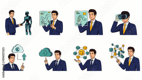 Businessman interacting with technology, AI, cloud computing, VR, and data visualization in modern business concepts.
