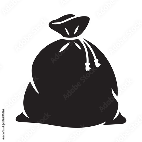 A minimalist black silhouette illustration of a large bag tied with a drawstring
