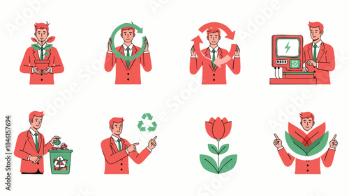 Businessman promoting sustainable practices, environmental responsibility, and eco-friendly solutions. Concepts include recycling, green energy, and nature care.